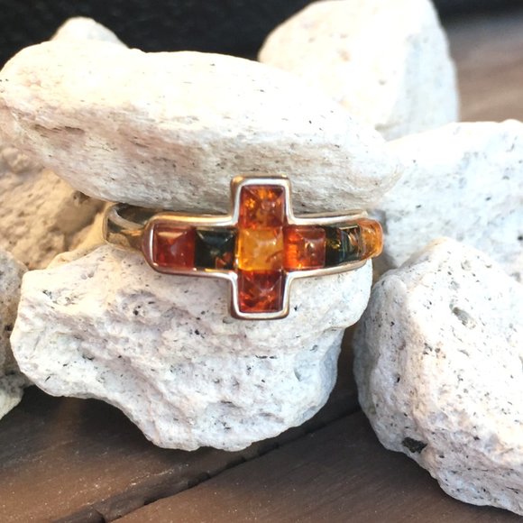 Baltic Amber Multicolor Cross Ring .925 Sterling Silver Genuine Gemstones - Picture 3 of 15
